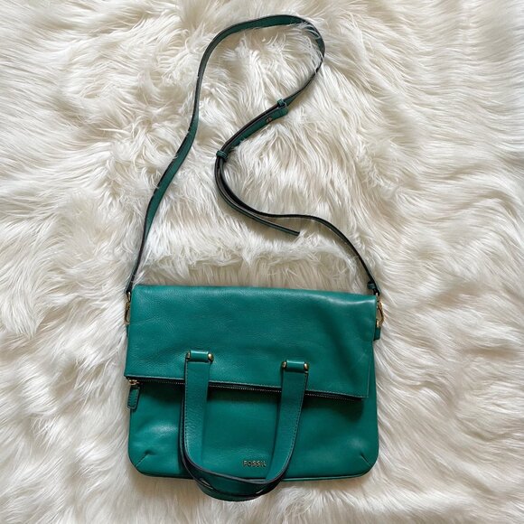 Fossil Teal Blue Green Fanny Leather Convertible Foldover Crossbody Purse Bag - Picture 1 of 11